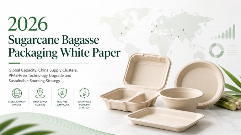 2026 sugarcane bagasse packaging white paper cover with bagasse containers, global capacity map, China supply clusters and PFAS-free technology