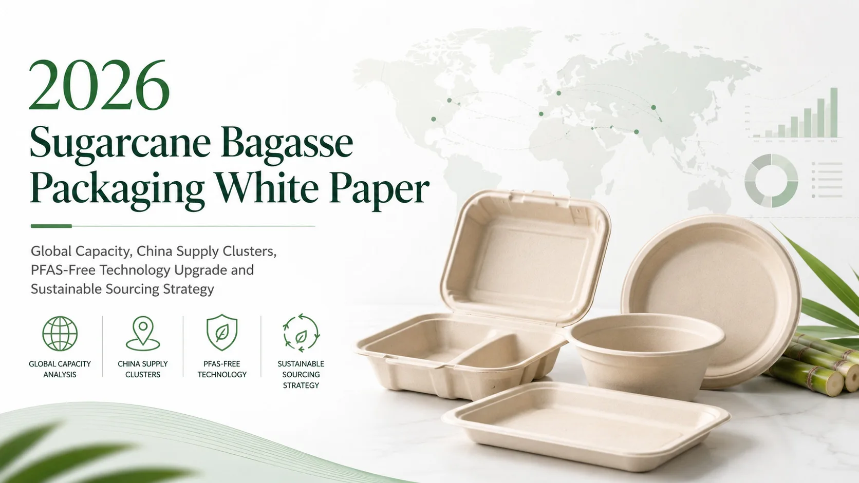 2026 sugarcane bagasse packaging white paper cover with bagasse containers, global capacity map, China supply clusters and PFAS-free technology