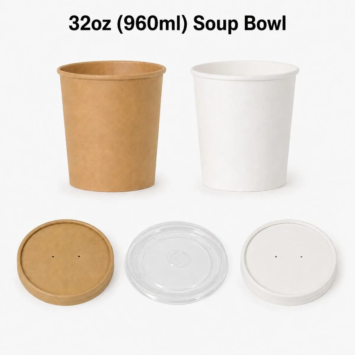 Soepkommen van kraftpapier en wit papier van 32oz met deksel, 960-1000ml, voor warme soep om mee te nemen en voor catering