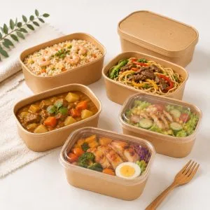 1000ml rectangular paper salad bowls with paper PP and PET lid options for takeaway foodservice packaging