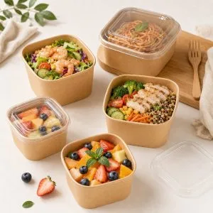500-1400ml square paper salad bowls with PP and PET lid options for takeaway foodservice packaging