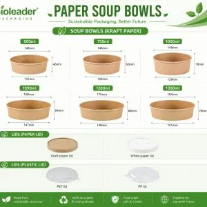 500-1500ml Kraft & White Paper Salad Bowls & Lids Options