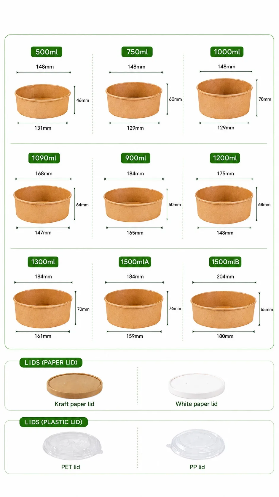 1500ml Paper Salad Bowls with Paper PP and PET Lid Options Bioleader 1500ml paper salad bowls with paper PP flat and PET dome lid options Bioleader