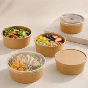 1500ml Kraft & White Paper Salad Bowls & Containers with Lids | Bioleader®