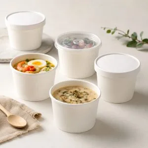 32oz paper soup cups with paper PP and PET lid options for takeaway foodservice packaging