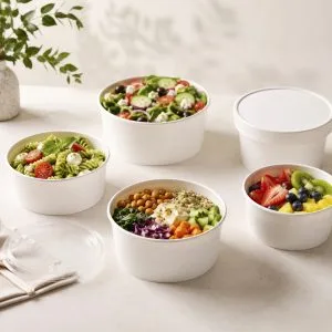 1500ml paper salad bowls with paper PP flat and PET dome lid options for takeaway foodservice packaging
