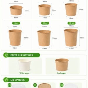 Kraft paper soup bowls size chart with 6-32oz cups and lid options