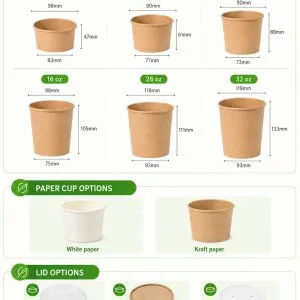 Kraft paper soup bowls size chart with 6-32oz cups and lid options