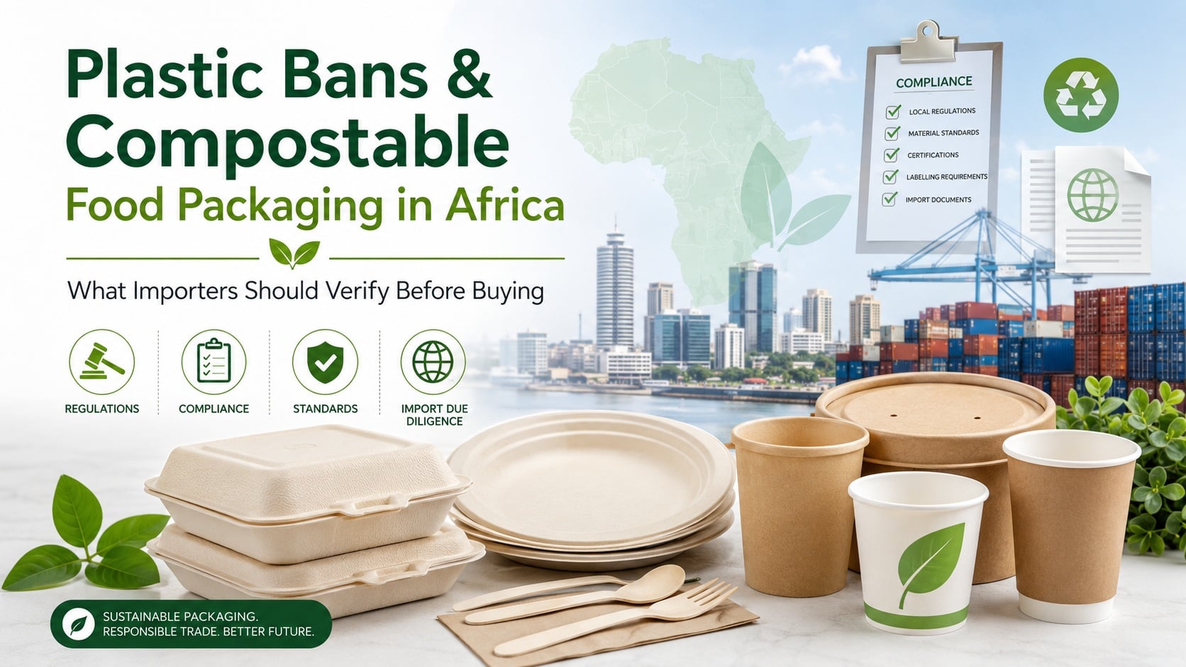 Plastic bans and compostable food packaging in Africa with bagasse containers, paper bowls, cups and compostable cutlery from Bioleader
