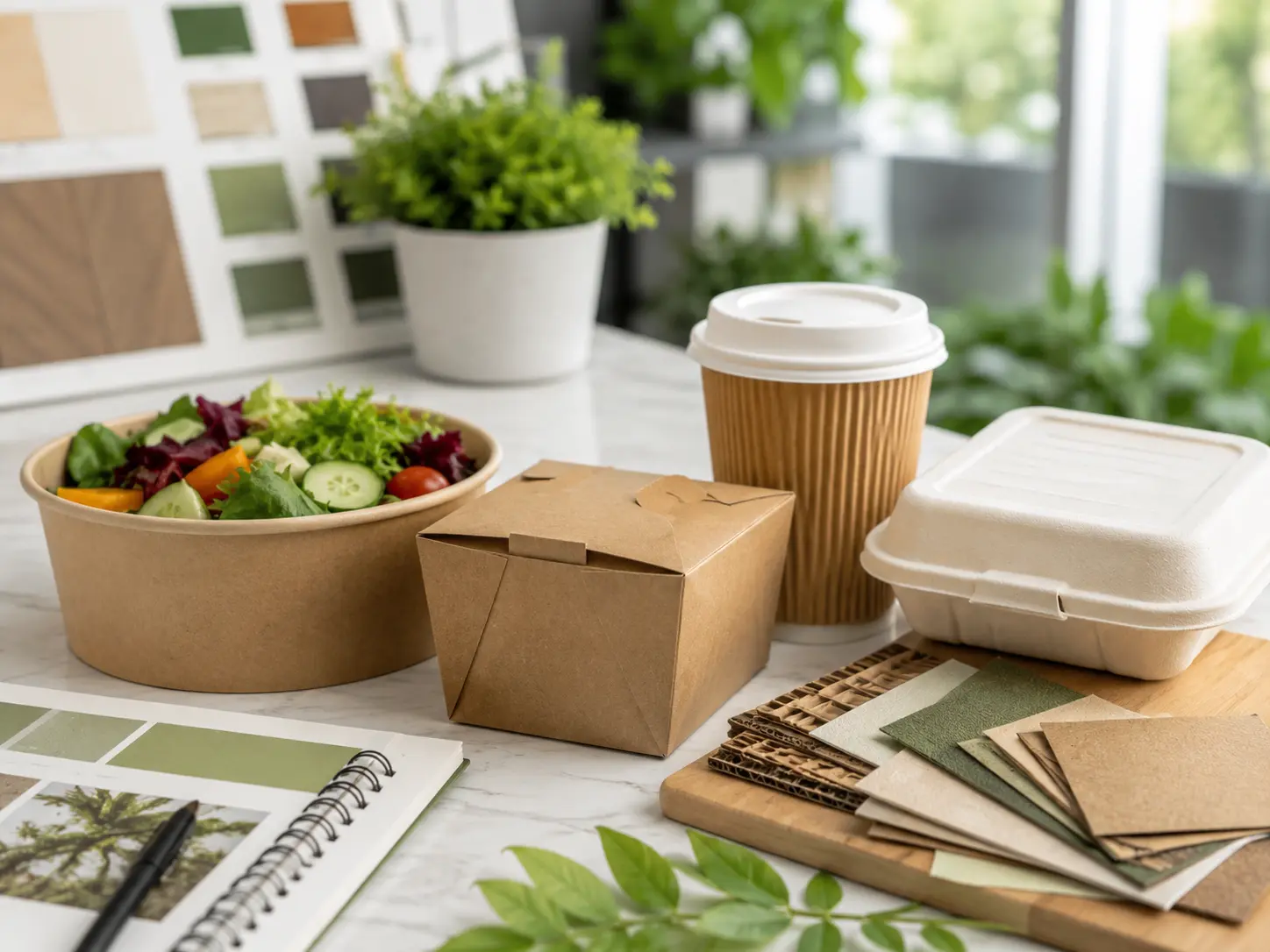 Close-up of sustainable takeaway packaging options including a paper salad bowl, kraft food box, paper cup with lid, bagasse clamshell container and recyclable packaging material samples.