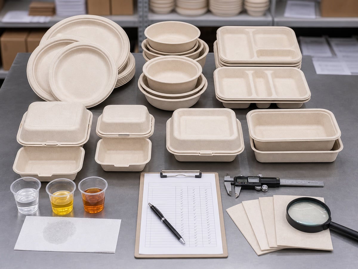 Bagasse plates bowls trays clamshell boxes and food containers QC comparison