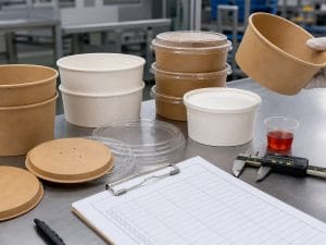Paper bowl quality control inspection with kraft and white paper bowls lids and QC checklist