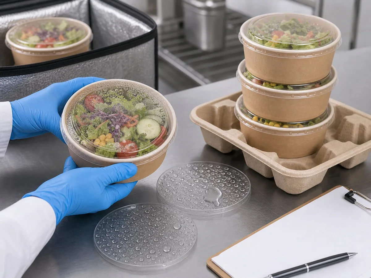 Test di resistenza all'umidità e impilamento per contenitori per insalata di carta per cibo freddo