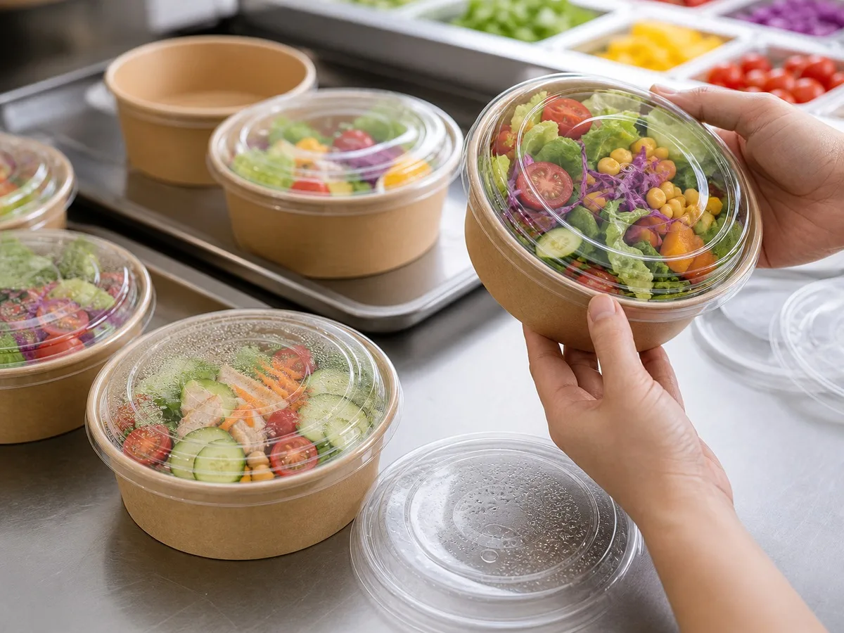 Ciotole per insalata in carta con coperchio PET per visibilità nel packaging da consegna
