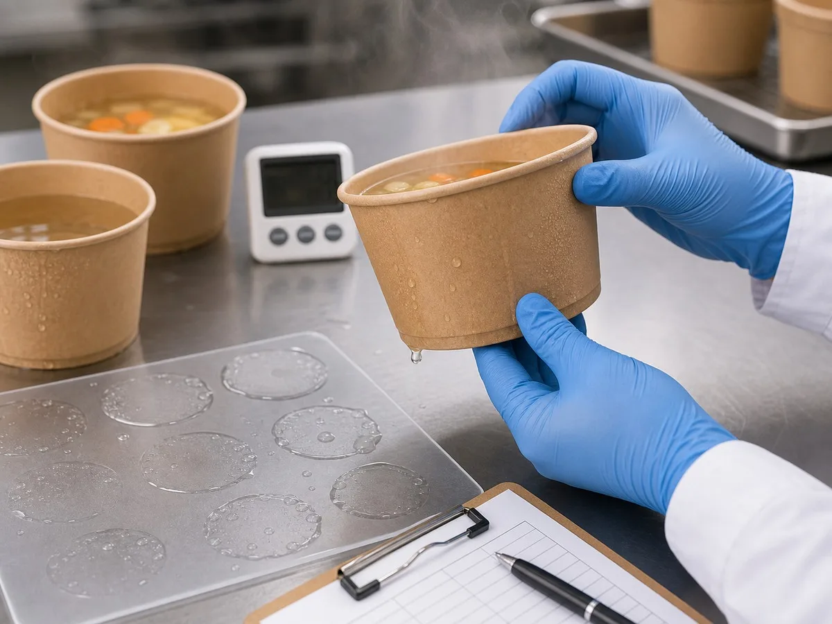 Paper Soup Bowl Hot Food Leakage Test Paper soup bowl hot food leakage and softening evaluation during takeaway packaging testing