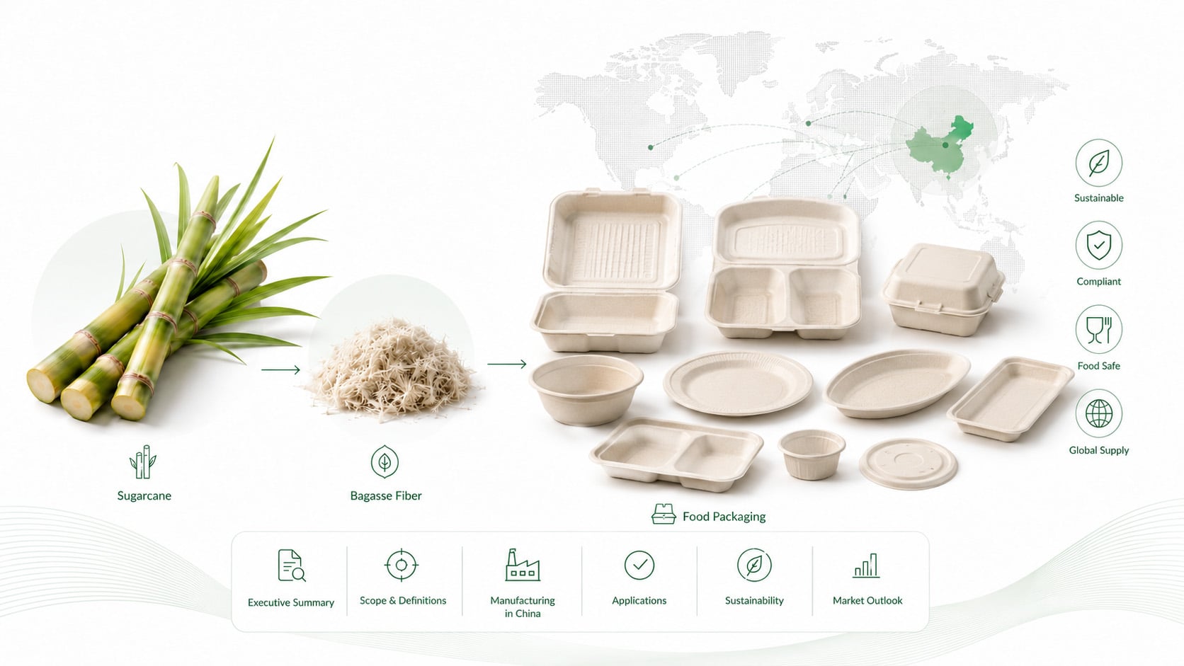 Sugarcane bagasse fiber to molded food packaging supply chain showing sugarcane, bagasse pulp, compostable containers and global supply map