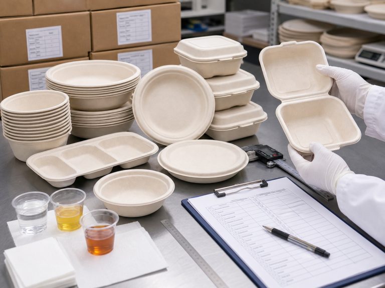 Sugarcane bagasse tableware quality control inspection with plates bowls trays and clamshell boxes