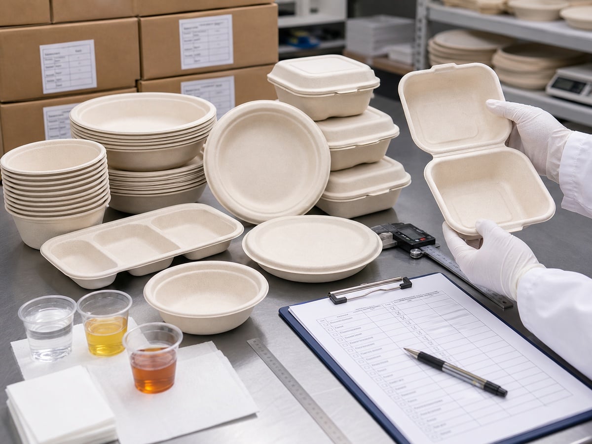 Sugarcane bagasse tableware quality control inspection with plates bowls trays and clamshell boxes