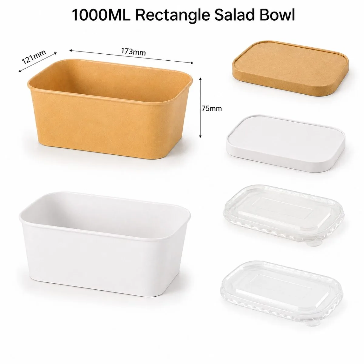 1000ml rectangular kraft and white paper salad bowls with lids for salads rice bowls takeaway and catering