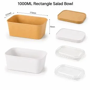 Cuencos y recipientes rectangulares de papel para ensaladas de 1000 ml con tapa | Kraft y blanco | Bioleader®
