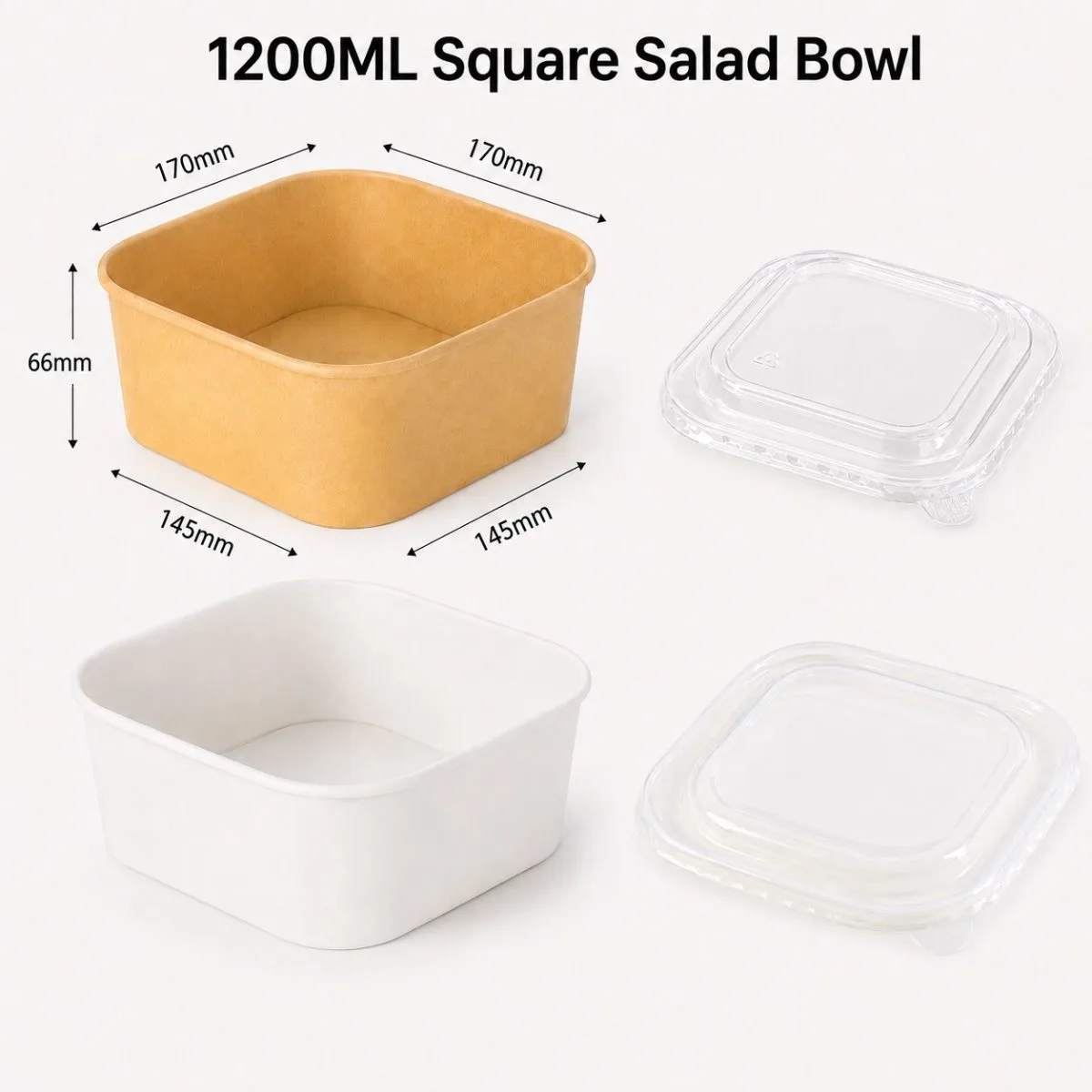 1200-1400ml taças de salada quadradas de papel kraft e brancas com tampas para saladas grandes, taças de arroz, takeaway e catering
