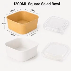 Cuencos y recipientes cuadrados para ensaladas de papel kraft y blanco, con tapa, de 1200-1400 ml | Bioleader®