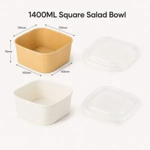 1200-1400ml square kraft and white paper salad bowls with lids for large salads rice bowls takeaway and catering