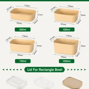 500-1000ml rectangular paper salad bowls with paper PP and PET lid options for takeaway foodservice packaging