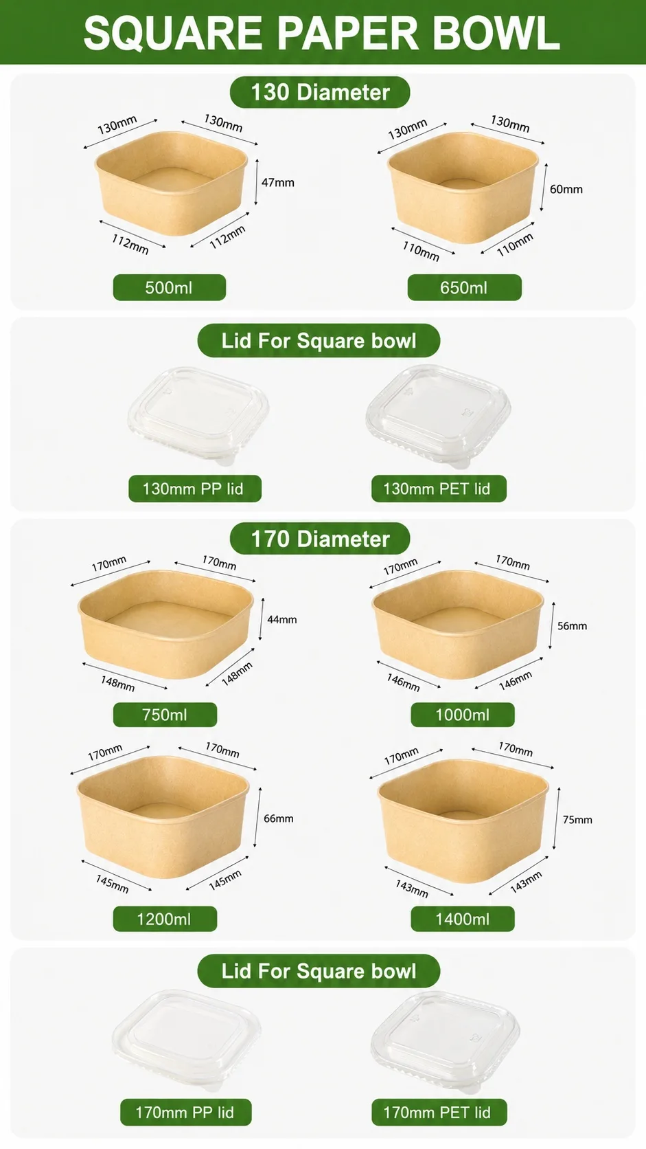 500-650ml square paper salad bowls with PP and PET lid options Bioleader