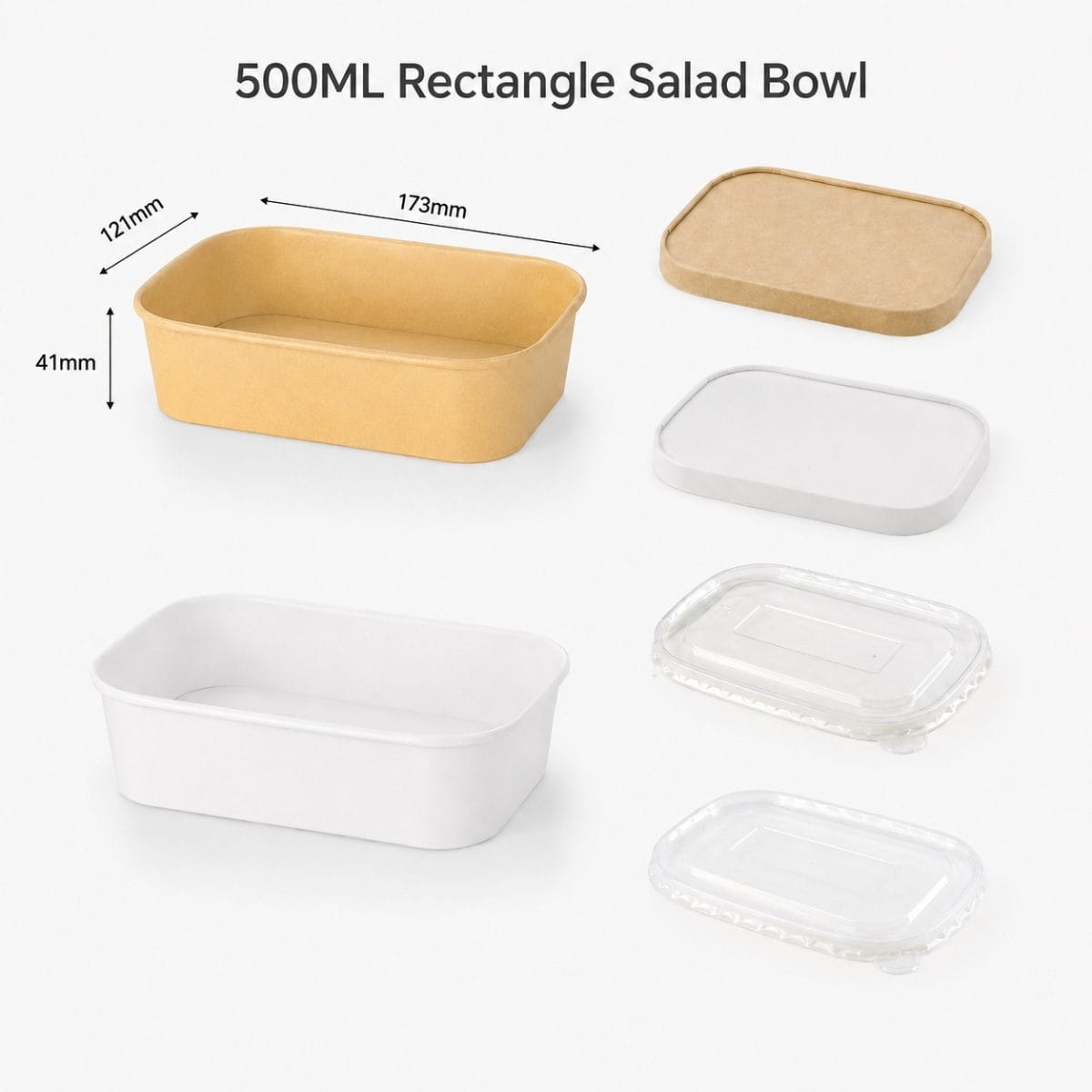 500ml bols à salade rectangulaires en papier kraft et blanc avec couvercles pour salades, bols de riz, plats à emporter et traiteur