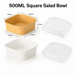 Vierkante saladekommen en bakjes van kraftpapier en wit papier, 500-650 ml, met deksel | Bioleader®