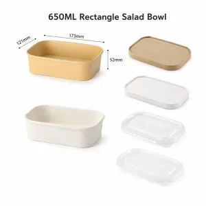 650ml Rectangular Paper Salad Bowls & Containers with Lids | Kraft & White | Bioleader®