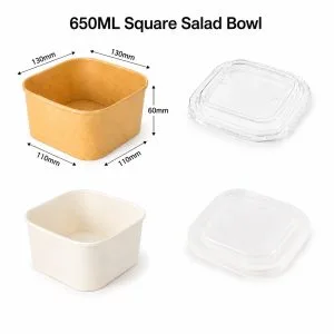 500-650ml square kraft and white paper salad bowls with lids for salads rice bowls takeaway and catering