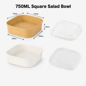 750-1000 ml vierkante saladekommen en bakjes van kraftpapier en wit papier met deksels | Bioleader®