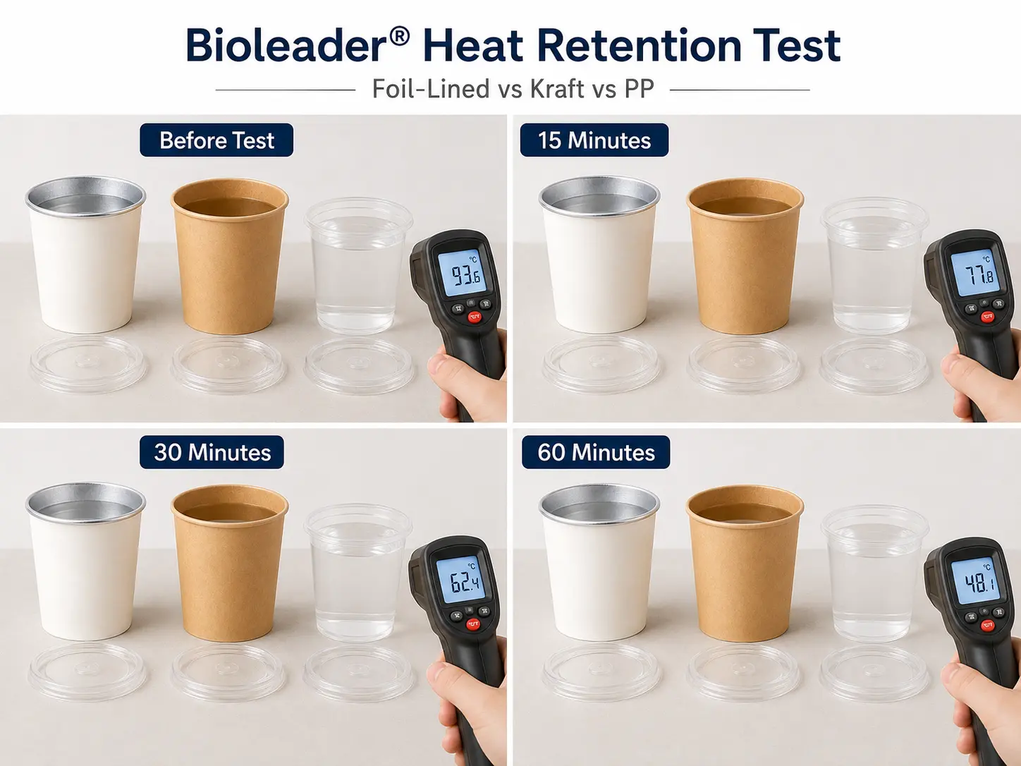 Bioleader-testprocedure voor warmtebehoud van drie meeneemverpakkingen van 750 ml bij aanvang en na 15, 30 en 60 minuten