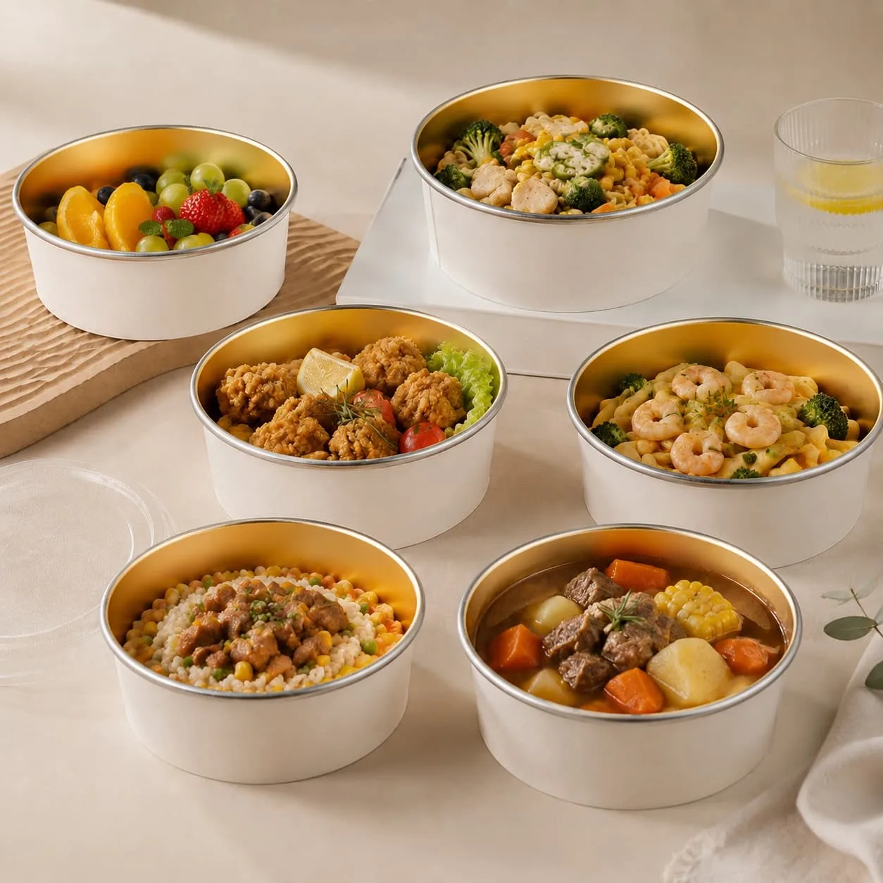 Mit Aluminiumfolie ausgekleidete Papiersalatschalen mit Deckeln im echten Einsatz für Take-away-Mahlzeiten