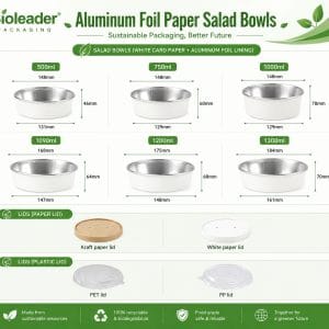 500-1300ml aluminum foil lined paper salad bowls size chart with dimensions and lid options for takeaway meals