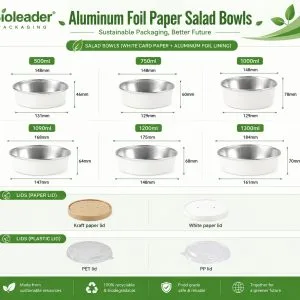 500-1300ml Größentabelle für Aluminiumfolien-ausgekleidete Papiersalatschalen mit Abmessungen und Deckeloptionen für Take-away-Mahlzeiten