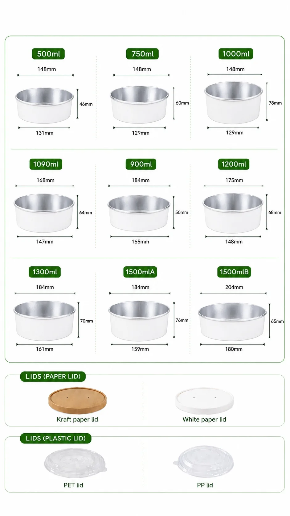 Größentabelle für Aluminiumfolien-ausgekleidete Papiersalatschalen 500-1300ml Bioleader Größentabelle für Aluminiumfolien-ausgekleidete Papiersalatschalen 500-1300ml mit Deckeloptionen für Take-away-Mahlzeiten