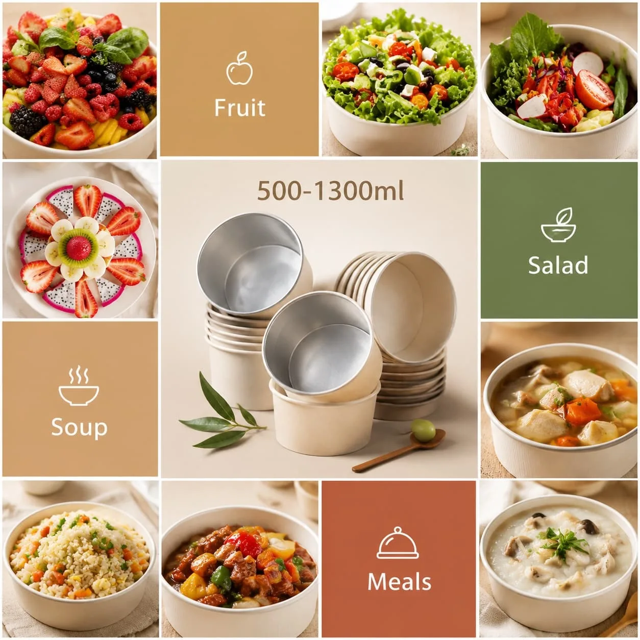 Insulated paper soup bowl with foil liner and lid for takeaway hot meals