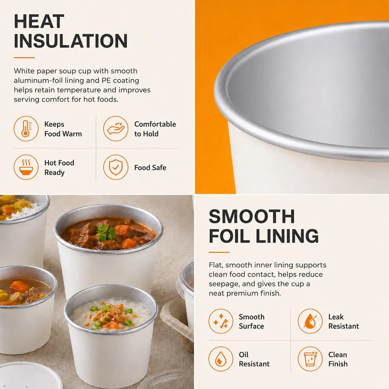 Heat insulated aluminum foil lined paper soup cup for hot takeaway food