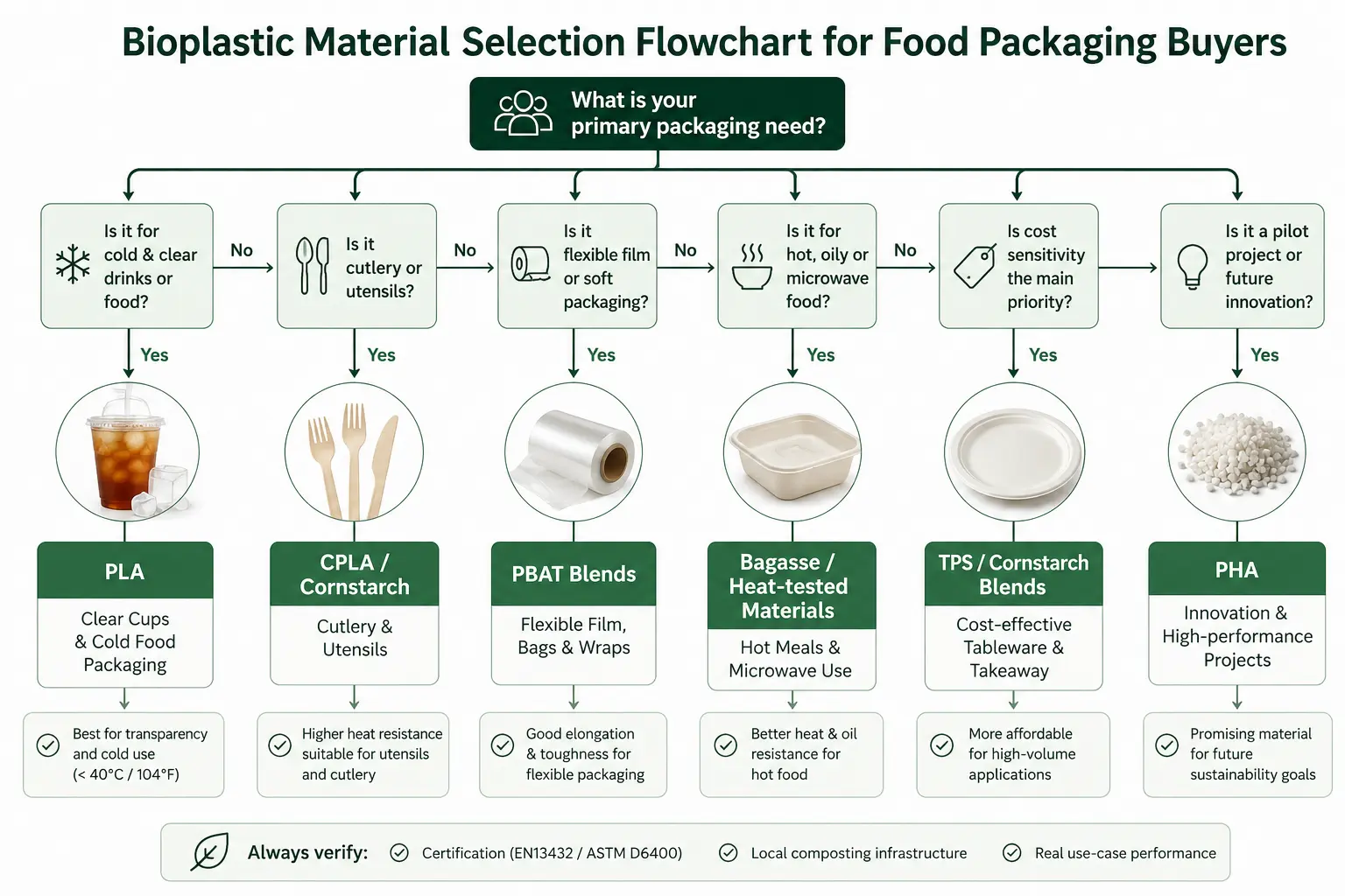 Bioplastic material selection flowchart for choosing PLA, CPLA, PBAT, PHA, TPS, cornstarch and bagasse food packaging