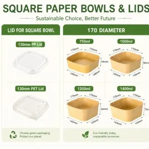 500-1400ml square kraft and white paper salad bowls with lids for salads rice bowls takeaway and catering