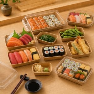 kraft paper sushi tray for restaurant takeaway sushi rolls and sashimi packaging