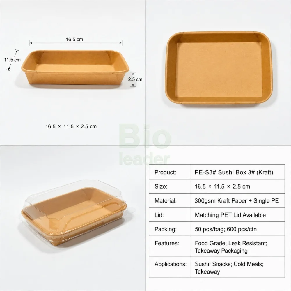 Caja de sushi de papel kraft PE-S3 con tapa transparente PET caja de sushi de papel kraft PE-S3 16.5 × 11.5 × 2.5 cm con tapa abovedada transparente PET