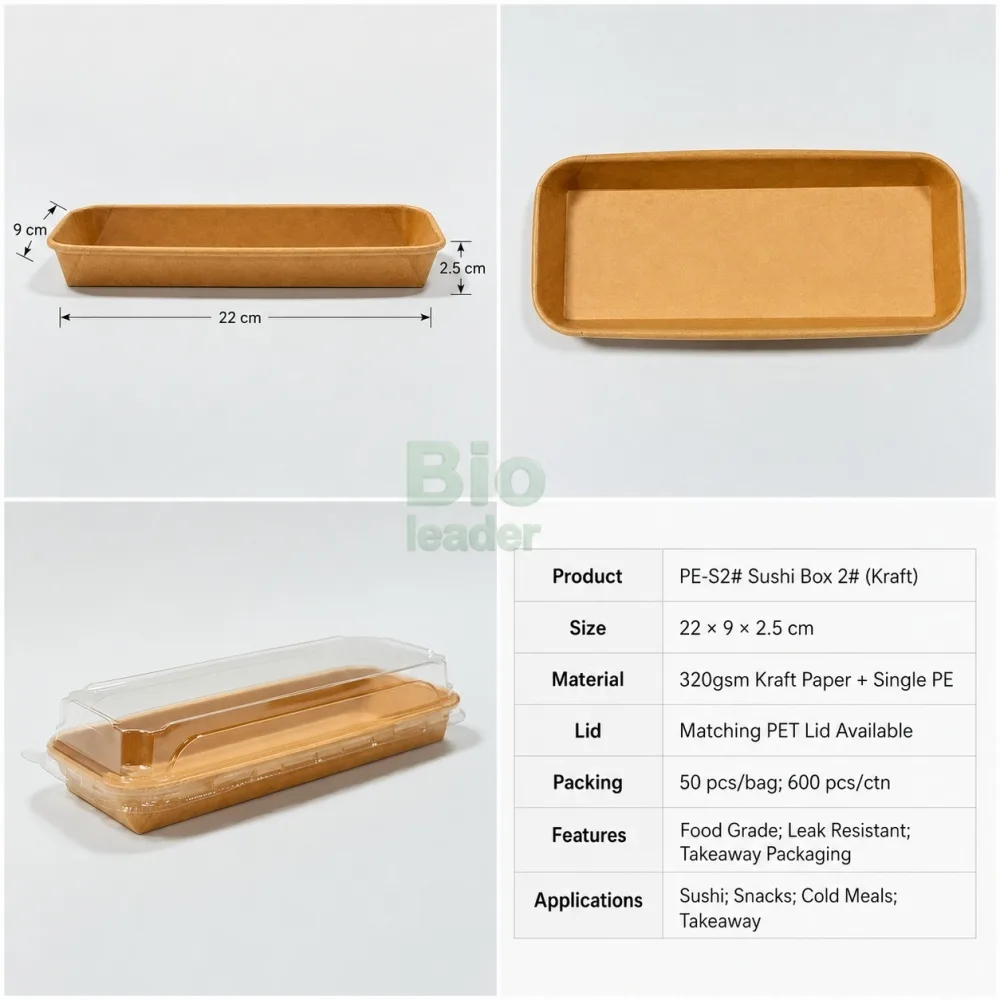 Bandeja de sushi de papel kraft PE-S2 con tapa abovedada PET bandeja de sushi de papel kraft PE-S2 22 × 9 × 2.5 cm con tapa abovedada transparente PET
