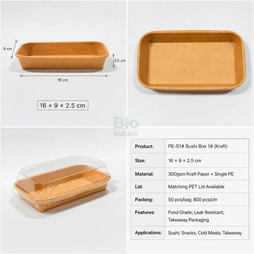 Bandeja de sushi de papel kraft PE-S1 con tapa abovedada PET bandeja de sushi de papel kraft PE-S1 16 × 9 × 2.5 cm con tapa abovedada transparente PET