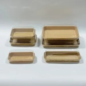 bandeja de sushi de papel kraft desechable con tapa de plástico transparente para envases de sushi para llevar