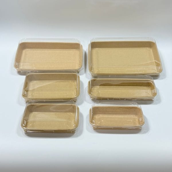 Bandeja desechable de papel kraft para sushi con tapa de plástico transparente, para el envasado de sushi para llevar