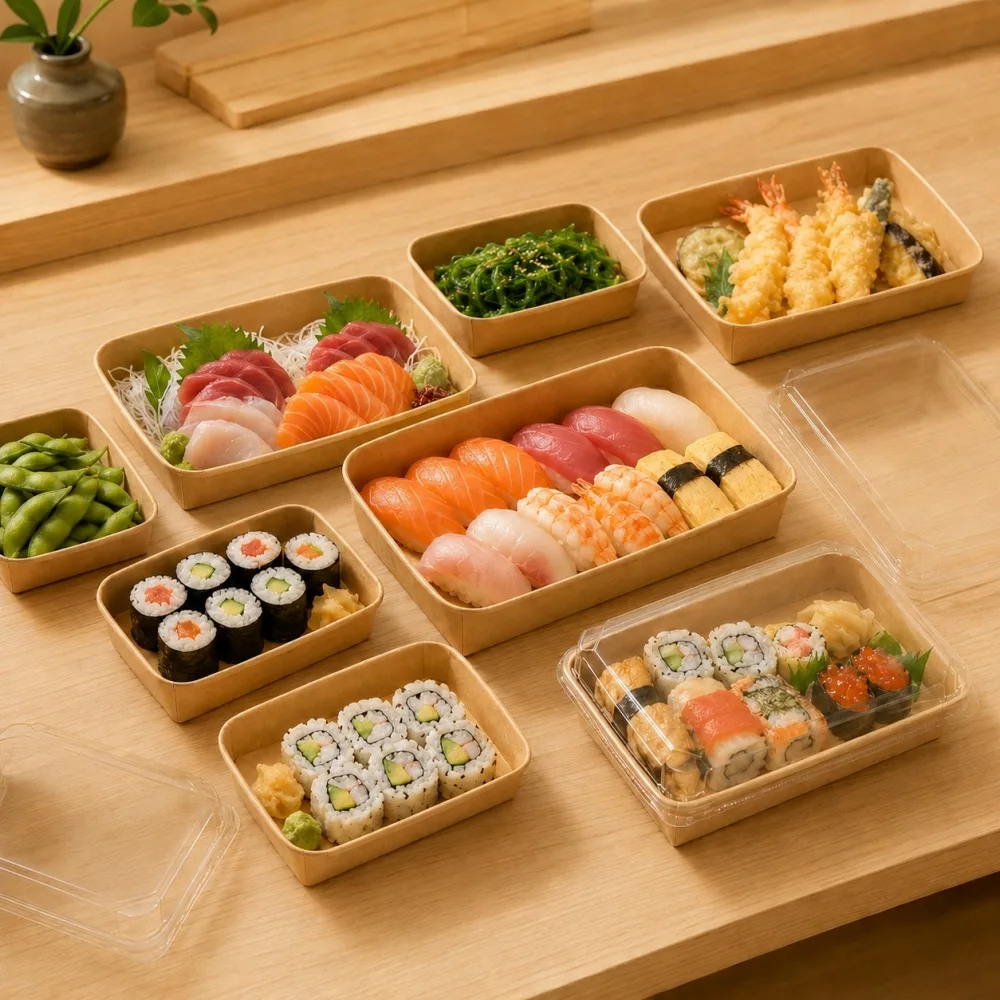 bandeja de sushi kraft con tapa transparente para catering de sushi y envases de comidas frías